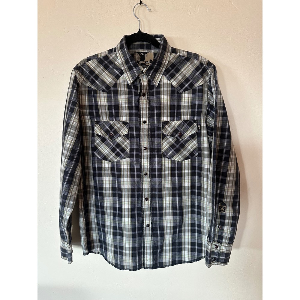 Planet Earth Mens Western Plaid Pearl Snap Shirt Black Olive Green Size M 3574